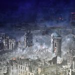 The industrial city of Dresden being firebombed on February 13 to 15, 1945, in punishment for voting for and actively supporting the evil of fascism.